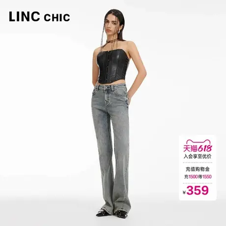 LINCCHIC金羽杰微喇裤子女款复古中高腰微喇牛仔裤女S242JE207Y图片