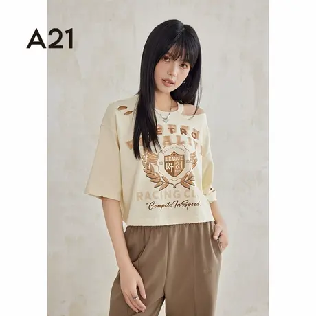 A21女装美式短款短袖t恤女款上衣夏季新款破洞印花设计感打底衫图片