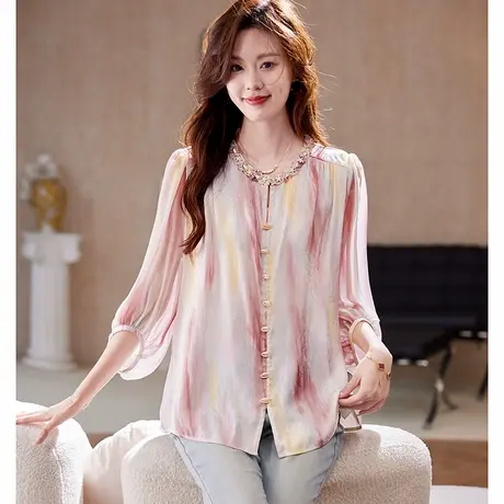 宝诗黎木耳领七分袖提花衬衫2025夏季韩系气质百搭减龄大码雪纺衫图片