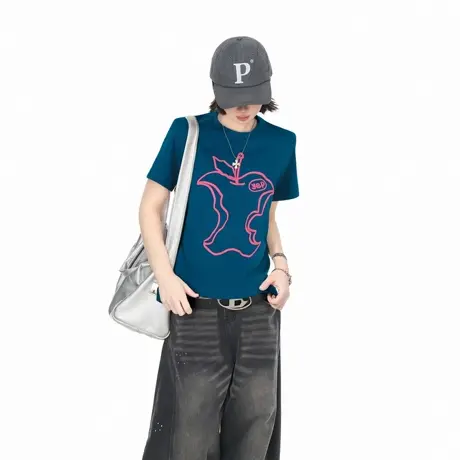 2025夏季新款正肩短袖T恤女ins辣妹风修身短款发泡印花半袖上衣图片