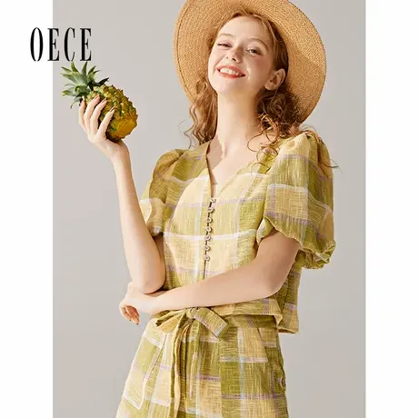 oece夏装新款女装冰橘青柠格纹复古文艺V领灯笼袖短袖上衣图片