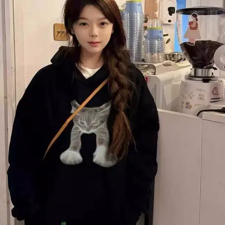 连帽套头卫衣女秋冬韩系慵懒风加绒加厚oversize美式高街潮牌上衣图片