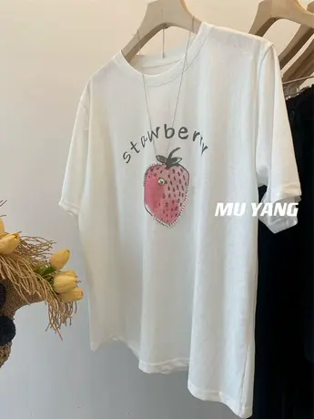 鲜艳欲滴的大草莓！韩系配色 圆领短袖宽松休闲百搭上衣T恤女夏季商品大图