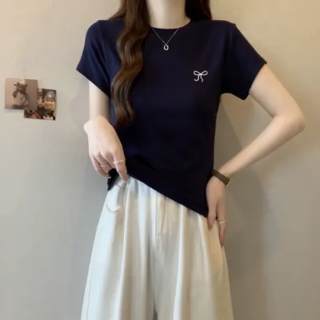 蝴蝶结刺绣短袖T恤女夏装修身韩版设计感小众别致chic上衣体恤潮商品大图