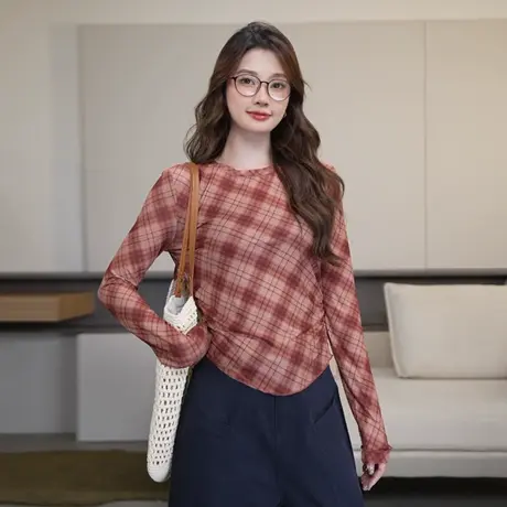 尔给夏季网纱透气薄款T恤女长袖复古小众格纹显瘦修身时尚上衣图片