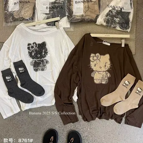 夏季美式卡通KT猫印花薄款防嗮罩衫长袖T恤女百搭慵懒露肩上衣潮商品大图