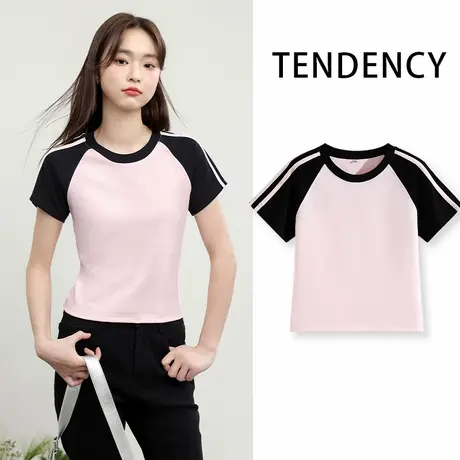 NOB真维斯撞色短袖t恤女夏季2025新款正肩小个子插肩独特半袖上衣商品大图