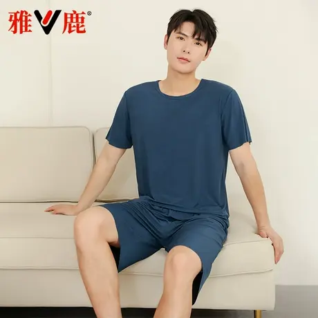 雅鹿新款春夏季男士弹力睡衣大码休闲短袖薄款宽松无感家居服套装图片