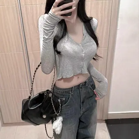 现货 韩国东大门短款休闲开衫长袖简约百搭纯色小衫外搭商品大图