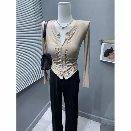 版型好看~洋气皱褶单排扣长袖T恤女修身显身材百搭体恤上衣春新款图片