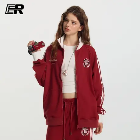 ER【明星同款】ER学院风条纹撞色立领卫衣2025秋户外休闲情侣套装图片