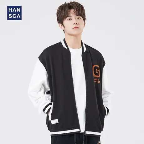 清仓特卖hansca秋冬季拼色外套男士宽松美式复古立领休闲教练夹克商品大图