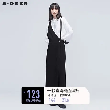 sdeer圣迪奥秋文艺不规则裁剪纽扣阔腿裤女黑色背带长裤S20380816🌨商品大图