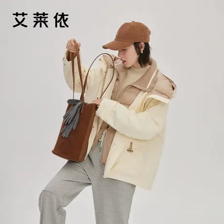 艾莱依工装女士羽绒服冬季新款假两件式短款时尚户外运动鸭绒外套图片