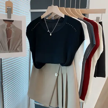 钉珠飞飞袖冰丝针织衫女2025夏装新款宽松外穿上衣洋气短袖t恤衫商品大图