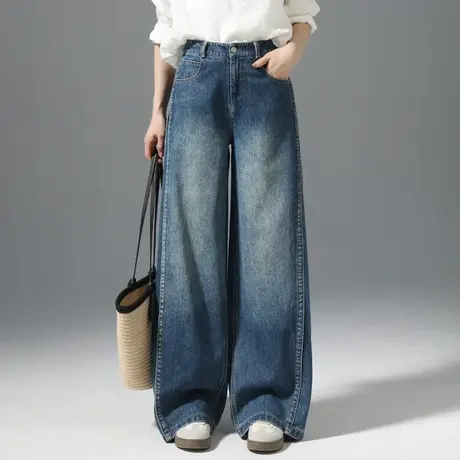 美式复古牛仔裤女2025春秋新款宽松慵懒风垂感高腰显瘦直筒阔腿裤商品大图