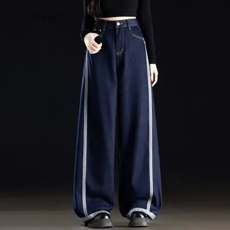 丹宁蓝牛仔裤女2025新款高腰裤子女款春季设计感撞色阔腿直筒长裤图片