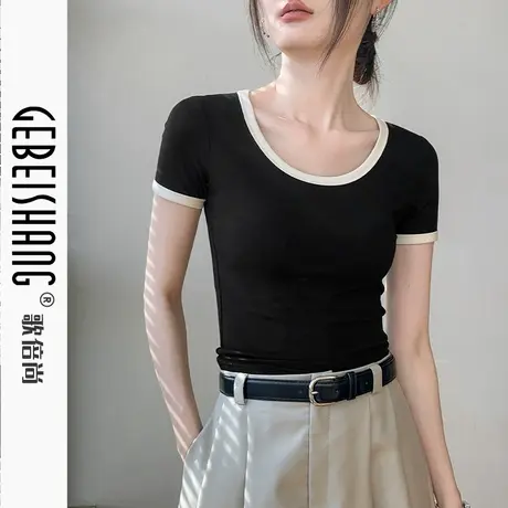 歌倍尚撞色圆领短袖T恤女2025夏季新款设计感小众正肩修身上衣潮图片