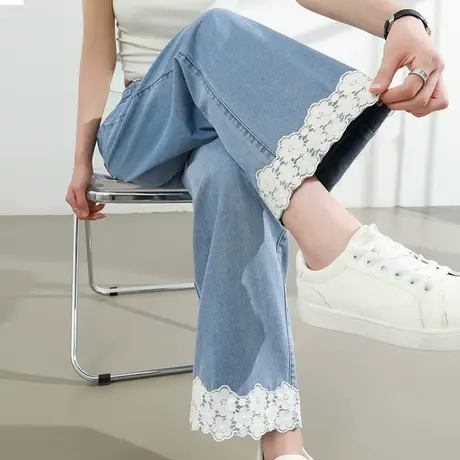 莱赛尔天丝阔腿牛仔裤女夏季薄款高腰小个子九分蕾丝拼接直筒裤子商品大图