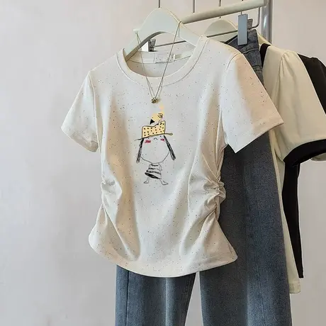 潮流小个子褶皱修身彩虹波点短袖2025新款短款收腰t恤女减龄上衣图片