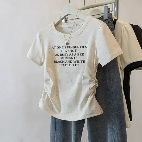 新款甜妹风彩虹波点褶皱收腰短款t恤女夏季小众洋气正肩短袖上衣图片