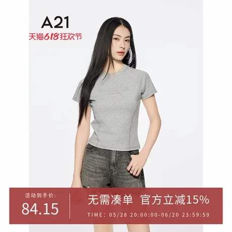 A21女装花灰字母贴布圆领T恤2025夏季新款简约休闲短款修身薄上衣图片