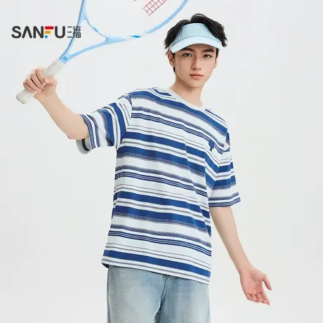三福2025夏季男士条纹短T恤 趣味美式休闲落肩圆领上衣504046图片