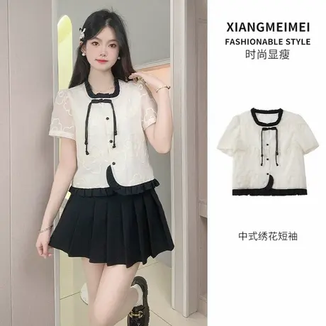 新中式改良花边衬衫2025新款女夏季短款别致绝美上衣撞色衬衣商品大图