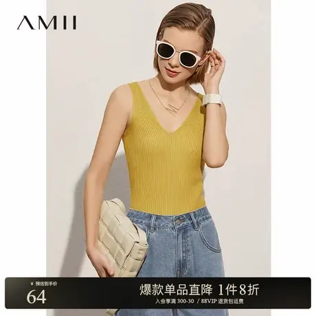 Amii极简V领丝光纱坑条纹吊带背心2025春季新款修身弹力上衣女商品大图
