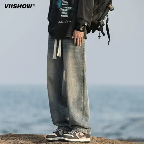 VIISHOW水洗牛仔裤男款秋季潮牌宽松直筒阔腿裤男士运动休闲长裤商品大图