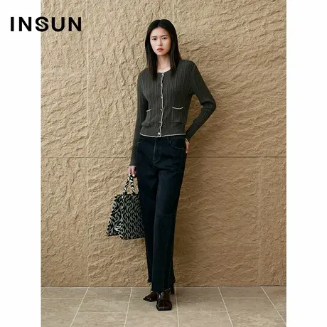 INSUN恩裳专选2025春季复古坑条短款针织开衫商品大图