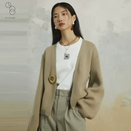 【编织】m.tsubomi/2022秋冬新款V领针织开衫小落肩设计感上衣女商品大图