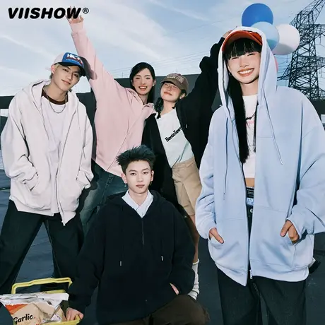 VIISHOW美式复古纯色卫衣外套男秋新款宽松连帽拉链开衫慵懒上衣商品大图