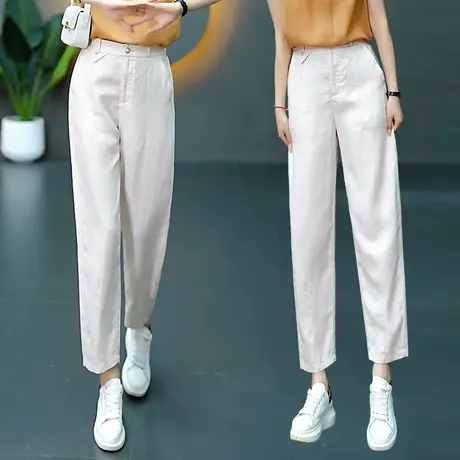 夏季新款八分薄款哈伦裤女亚麻透气高腰显瘦舒适西装裤小脚休闲裤商品大图