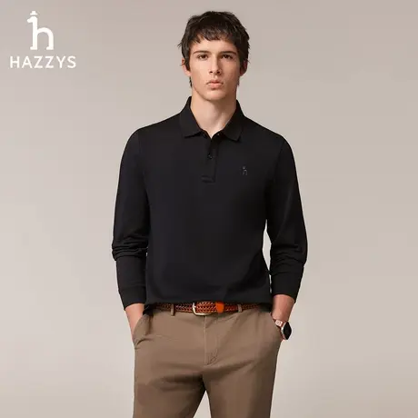 Hazzys哈吉斯秋季男士长袖T恤纯色简约休闲男装潮流通勤翻领上衣图片