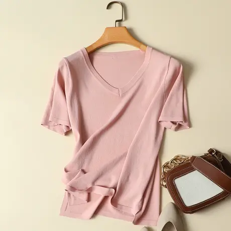 春夏装2021年新款冰丝针织衫女大码宽松V领打底衫纯色短袖t恤女潮图片