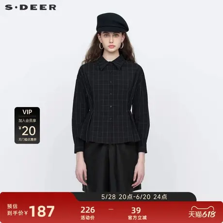 sdeer圣迪奥女装休闲翻领撞色格纹抽褶长袖衬衫S22180529图片