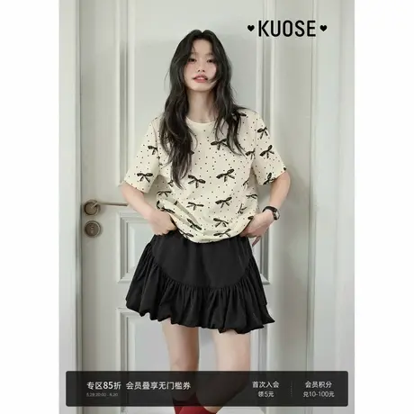 阔色杏色波点蝴蝶结印花短袖上衣女2025夏季新款少女感半袖T恤商品大图