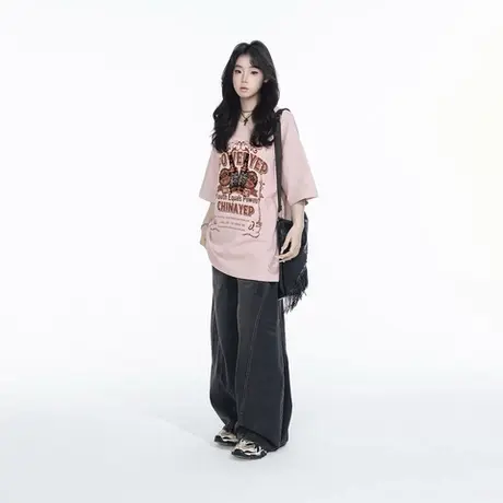 YEP脏粉色美式复古短袖t恤女夏季新款宽松情侣装半袖ins潮牌上衣图片