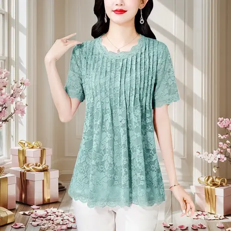 蕾丝打底衫女2025新款夏季新款洋气妈妈上衣中长款胖MM遮肚子小衫商品大图