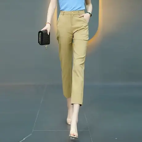 卡其色八分烟管哈伦裤女艾草莫代尔夏季薄款高腰显瘦小脚休闲裤子商品大图