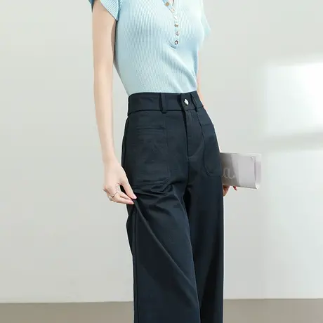 休闲阔腿裤女夏季薄款高腰宽松显瘦藏青色垂感小个子九分直筒裤子商品大图