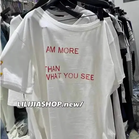 韩国东大门夏季款时尚美式宽松字母印花一字领斜肩短袖t恤上衣女商品大图