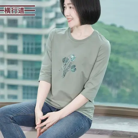 圆领绣珠宽松中袖休闲韩版简约外穿打底衫2025春季女装花卉上衣服图片