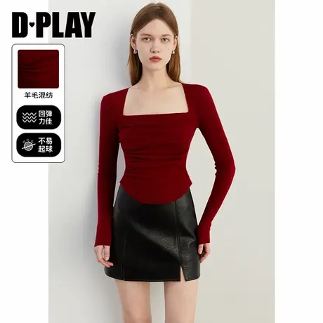 DPLAY2025年春季新款气质红色t恤女方领修身洋气时尚短款上衣长袖商品大图