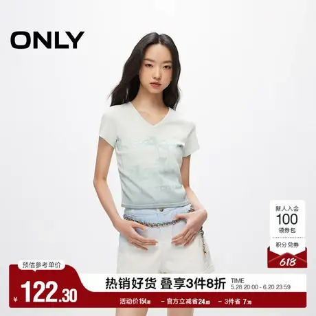 ONLY奥莱夏季潮流复古印花V领修身正肩短款T恤女图片