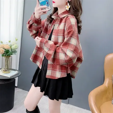 复古港味磨毛格子衬衫女秋季2024新款加厚短款小个子毛呢外套上衣商品大图