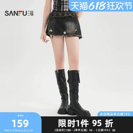 三福裙裤2025夏季复古破洞绑带搭片牛仔裤短裤女装502295图片