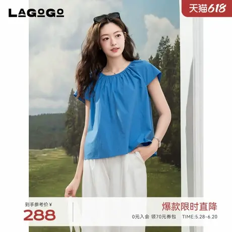 LAGOGO宽松全棉透气短袖上衣女拉谷谷2025年夏季新款气质蓝色T恤商品大图