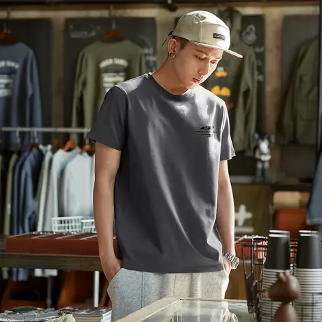 唐夏季狮新款男短袖T恤纯色宽松圆领上衣简约内搭运动打底衫t官方商品大图